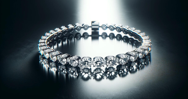 A Diamond Tennis Bracelet with multiple White Diamonds set on White Gold sitting on a table